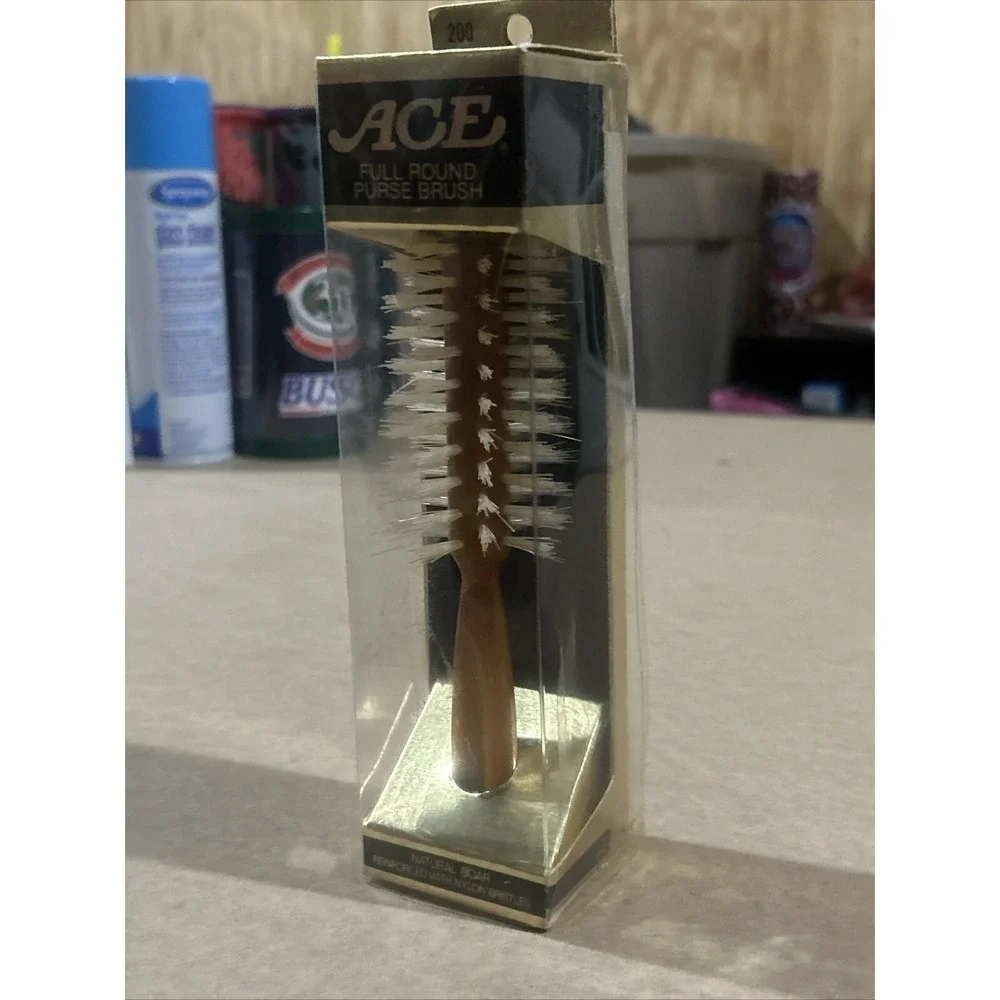 Vintage NIB ACE Full Round Purse Brush, Natural Boar Reinforced W/ Nylon Bristle